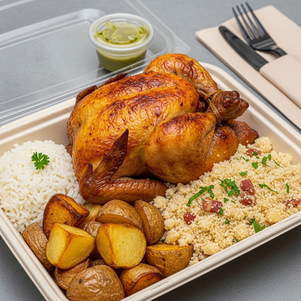 Combo Simples com frango assado, arroz, batata e farofa